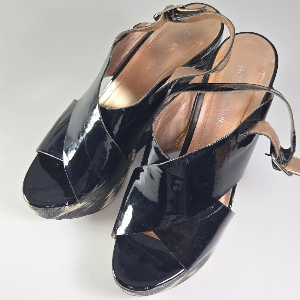 BCBGeneration Black Patent Leather Wedge Sandals Ankle Strap Size 7.5